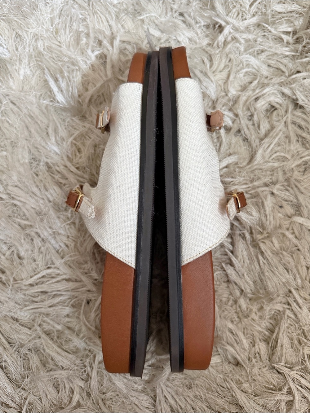 J. Crew Colbie Double Strap Buckle Sandals in Canvas & Leather Ivory/Brown Sz 9 - Picture 7 of 9